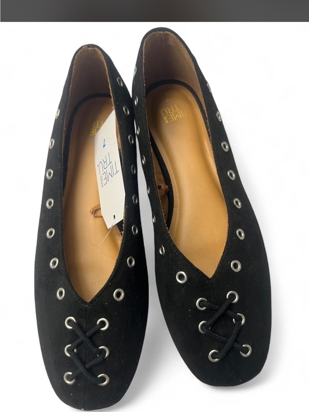 Time and Tru Black Eyelet Lace-Up Ballet Flats with Grommet Detail